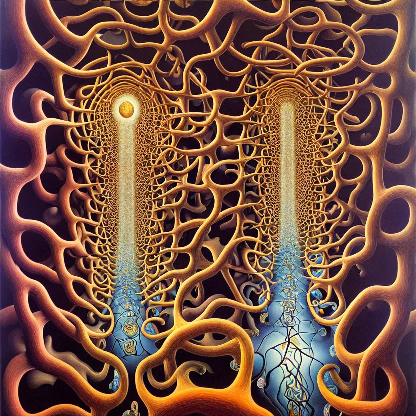 Image similar to infinite fractals of neurons, consciousness, recursion, surreal, by salvador dali and mc escher and alex grey, oil on canvas, hd, dreams, intricate details, warm colors
