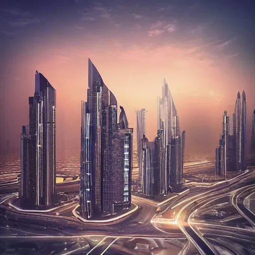 Image similar to “most advanced Dubai city dramatic lighting detailed beautiful sunset lights birds clouds proportional symmetrical minimalism photorealistic sky render octane architecture design planning”