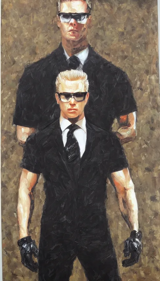 Prompt: Albert Wesker full body portrait, action! pose!, oil painting, surrounded by black tendrils