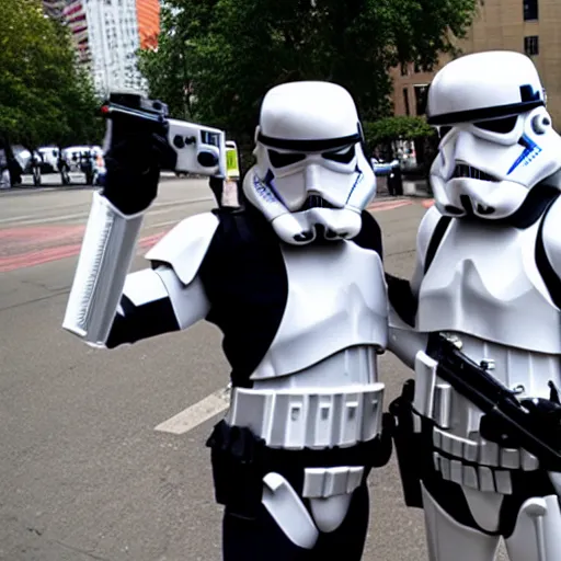 Prompt: two stormtroopers taking pictures with women on the street