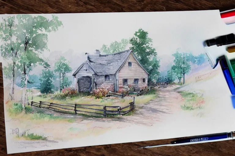 Image similar to country road store goose watercolor pen trending on artstation