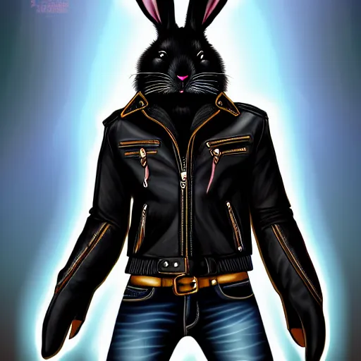 Image similar to A bunny with a small head wearing a fine intricate leather jacket and leather jeans and leather gloves, trending on FurAffinity, energetic, dynamic, digital art, highly detailed, FurAffinity, high quality, digital fantasy art, FurAffinity, favorite, character art