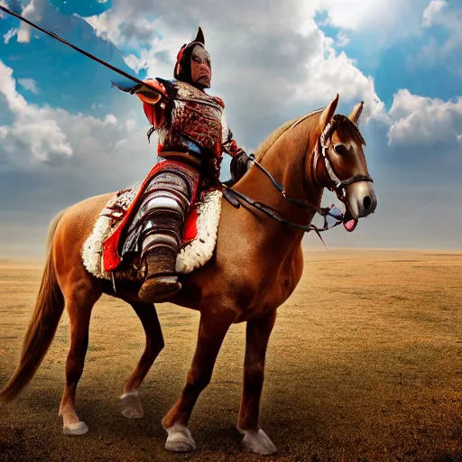 Image similar to mongolian warrior from ancient lands of taran shooting arrows from his horse, highly detailed, ultrawide lens, photography award of the year 2 0 2 0