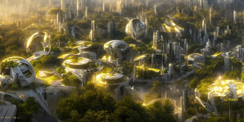 Image similar to Futuristic utopian city, central hub, octahedron shaped white buildings, golden sunset, green trees, utopia, high quality, beautiful design, scifi, high detail, global illumination, trending on ArtStation, art by Richard Dumont, Leon Tukker