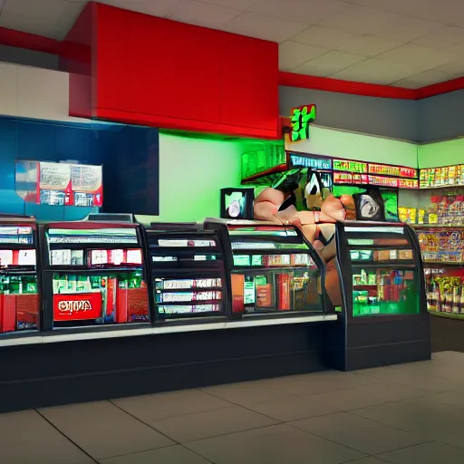 Prompt: the incredible hulk working the night shift as a 7/11 cashier, macro, wide shot, dramatic lighting, octane render, hyperrealistic, HD