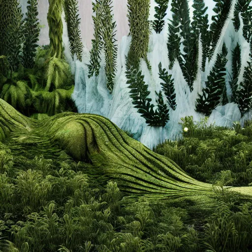 Image similar to a haute couture dress of ferns and flowers and glacial runoff, curvy features, costume design + octane render + hyper realistic + swampy background, vintage