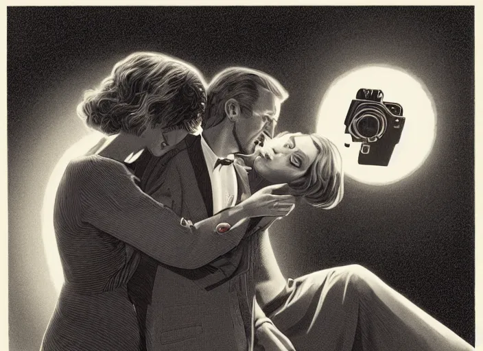 Prompt: a man and a woman are scared and hug each other, they are crouching, a motion control with a cinema camera films this couple, illustration by Greg Hildebrandt, retrofuturism, reimagined by industrial light and magic