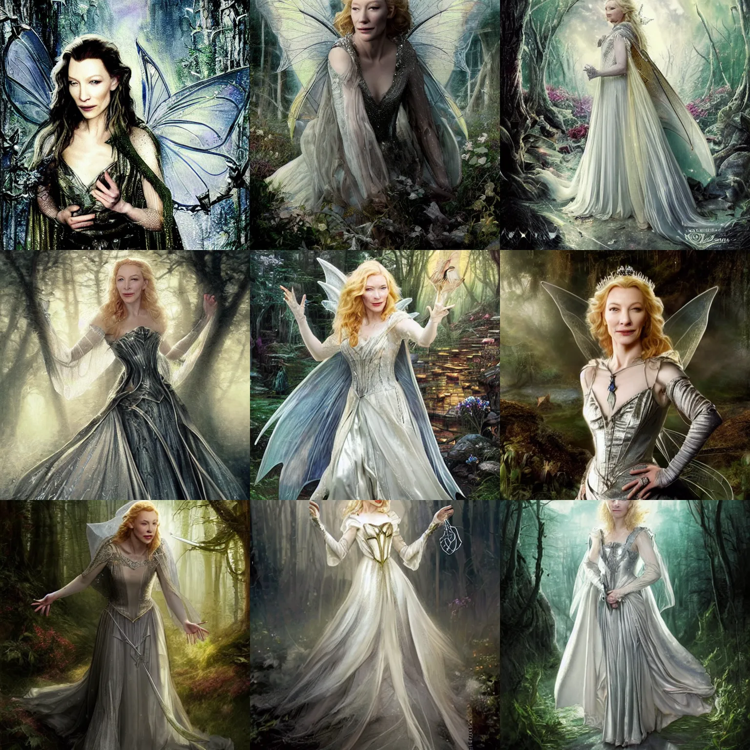 Prompt: portrait of mischievous, dangerous Cate Blanchett's Galadriel as a queen of fairies, dressed in a beautiful silver dress. The background is a dark, creepy eastern europen forrest. night, horroristic shadows, high contrasts, lumnious, character concept art by ruan jia, thomas kinkade, and J.Dickenson, trending on Artstation