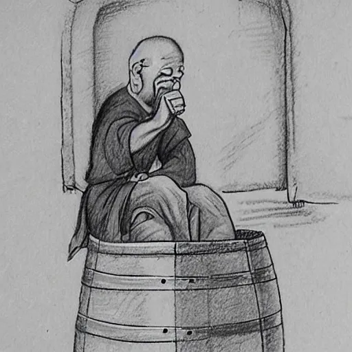 Image similar to pencil sketch of a monk drinking wine next to a barrel, pondering, medieval style