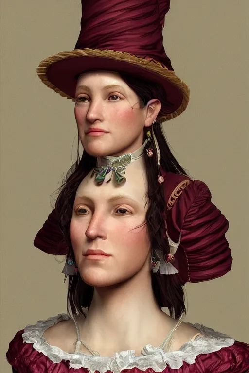 Prompt: portrait of a beautiful flamboyant proud colonial woman, trending on artstation, trending on deviantart, fine art, realistic, detailed, photorealistic, realism symmetrical