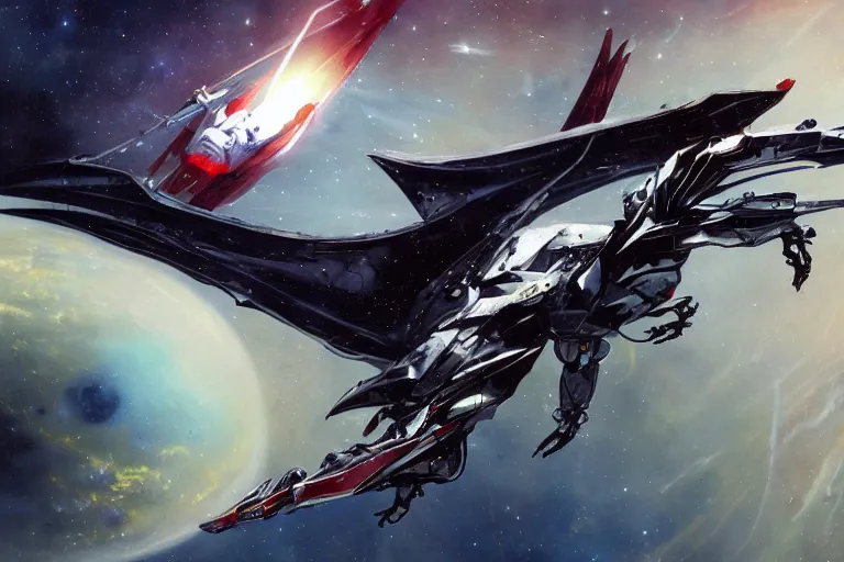 Image similar to gnostic space nebula framing a pteranodon mecha interceptor, small against the backdrop of space, white john berkey armor panels, wine-red and grey trim, robotech styling, with white Kanji markings outlined in black, boeing concept art painting, cinematic lighting, amazing lifelike cinematic photo render