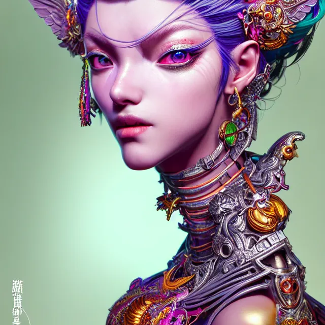 Image similar to studio portrait of colorful female divine mech dancer as absurdly beautiful, elegant, young sensual gravure idol, ultrafine hyperrealistic detailed face illustration by kim jung gi, irakli nadar, intricate linework, sharp focus, bright colors, matte, octopath traveler, final fantasy, unreal engine highly rendered, global illumination, radiant light, intricate environment