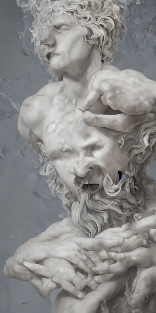 Image similar to realistic digital painting of a stunning intricate cracked white marble falling angel bernini sculpture, trailing white vapor, mycelium stands and misty xparticles neutral tone background, trending on artstation, hyperrealism, matte painting, subsurface scattering