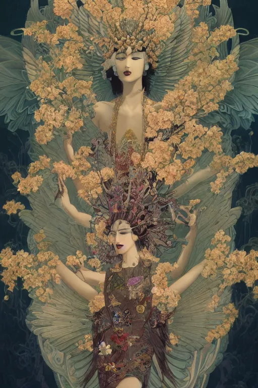 Image similar to portrait breathtaking detailed concept art painting art deco pattern of birds goddesses amalmation flowers head thibetan temple, by hsiao ron cheng, tetsuya ichida, bizarre compositions, yoji shinkawa, exquisite detail, extremely moody lighting, 8 k, art nouveau, old chines painting, art nouveau