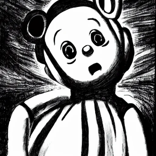 Prompt: black and white illustration of Teletubbies by Junji Ito