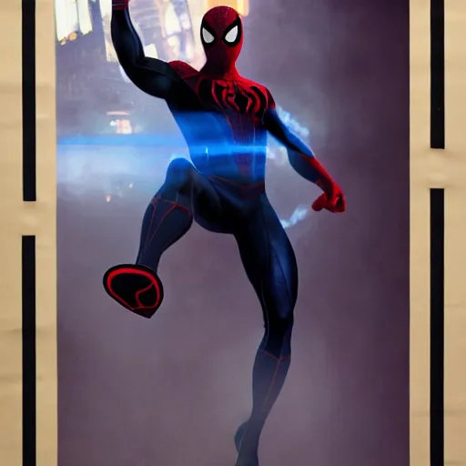 Image similar to ryan reynolds as spider - man, wearing a black and blue suit, cinematic, volumetric lighting, f 8 aperture, cinematic eastman 5 3 8 4 film, photorealistic by greg rutkowski, by stanley artgerm, by alphonse mucha