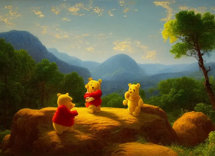 Image similar to american realist romanticism landscape painting of winnie the pooh characters at night, night time, colorful paper lanterns, in the style of hudson river school and thomas cole and albert bierstadt and robert duncanson and vincent van gogh