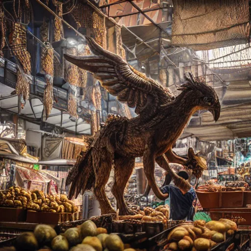 Image similar to buying a griffin at a market in istanbul, hyper detailed, dramatic lighting, cgsociety, realistic, hyper detailed, insane details, intricate, dramatic lighting, hypermaximalist, golden ratio, rule of thirds, octane render, weta digital, micro details, ultra wide angle, artstation trending, 8 k,