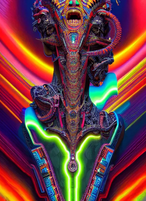 Image similar to hyper detailed ultra sharp 3 d render like a photograph aztec serpent warrior princess, fractal plane, deep voyage, parallel existence, earthwave, colorful, neon, ornate, intricate, digital painting, concept art, smooth, sharp focus, illustration, art by artgerm and greg rutkowski and h. r. giger, 8 k