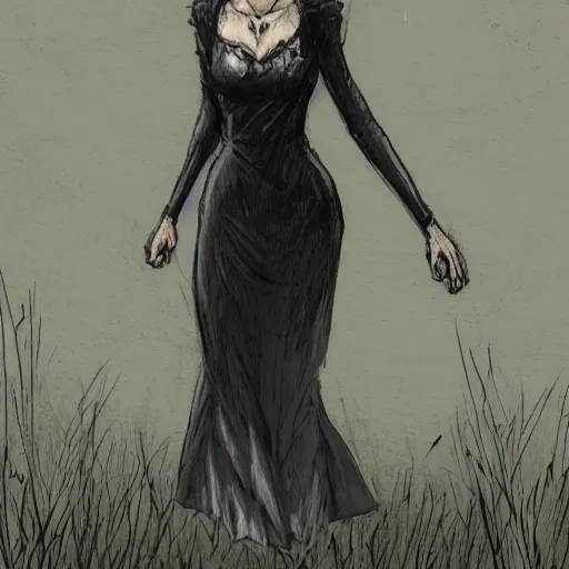 Prompt: tall slender woman with long grey hair in a black dress walking out of a swamp, concept art, high resolution, high quality, highly detailed, digitally painting, elaborate, by ec comics,