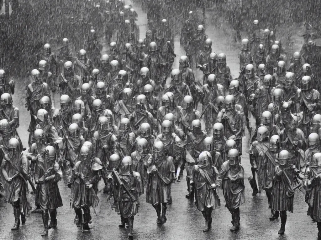 Image similar to column of roman soldiers in rain marching in Washington city