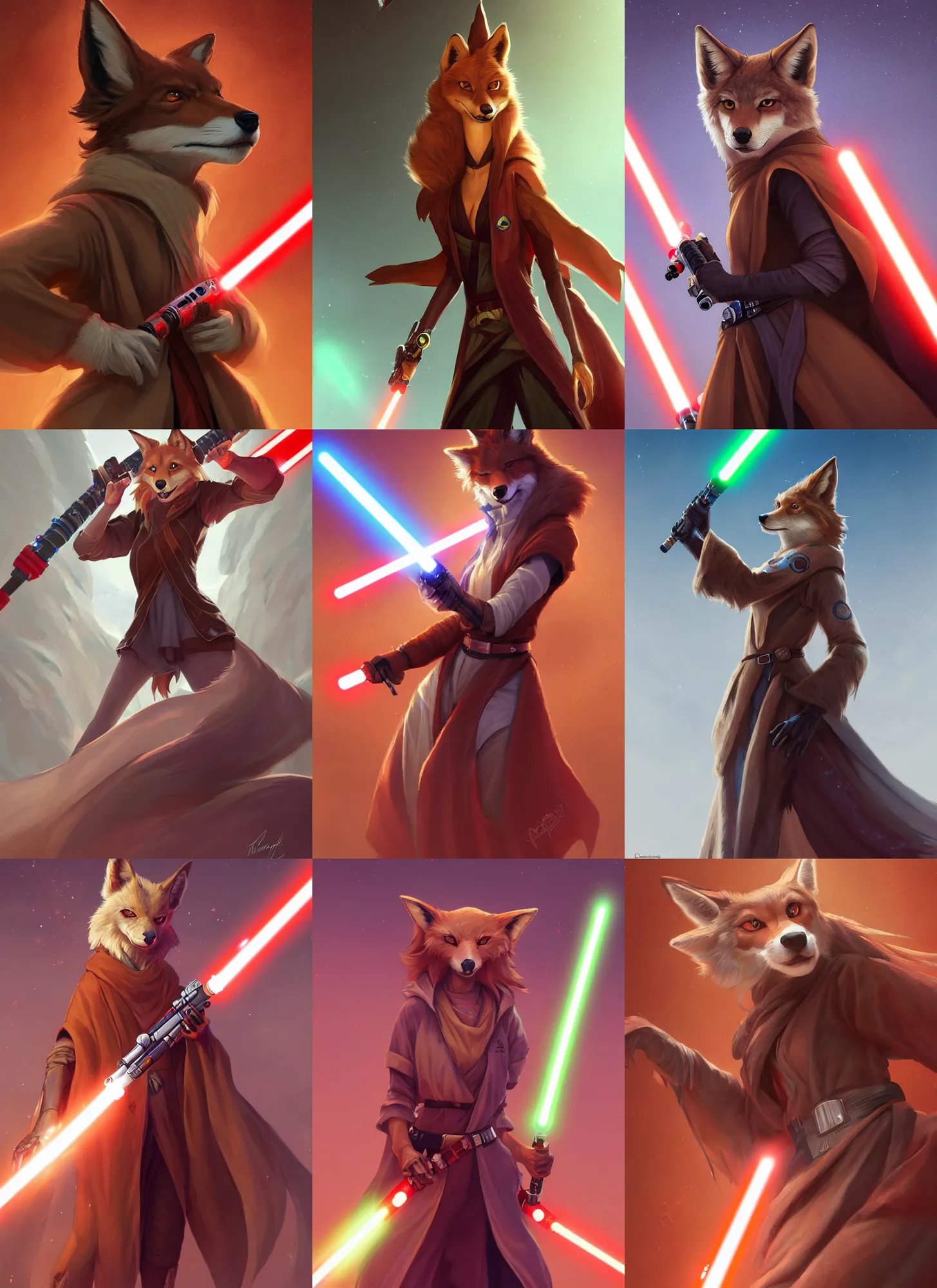 Image similar to beautiful portrait of a female anthropomorphic coyote fursona wearing jedi robes wielding a red lightsaber. character design by charlie bowater, ross tran, artgerm, and makoto shinkai, detailed, soft lighting, rendered in octane