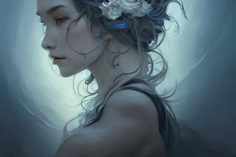 Image similar to despair is a hue created with swirls of black gouache, hopeless grey, and a daub of cold blue, intricate, highly detailed, digital painting, artstation, concept art, smooth, sharp focus, illustration, unreal engine 5, 8 k, art by artgerm and greg rutkowski and alphonse mucha