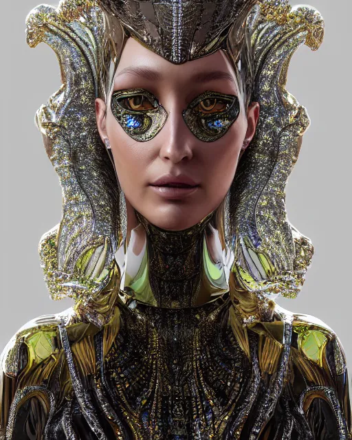 Image similar to a highly detailed metahuman 4 k close up render of an alien goddess bella hadid as alien in iris van herpen dress schiaparelli in diamonds crystals swarovski and jewelry iridescent in style of alphonse mucha gustav klimt trending on artstation made in unreal engine 4