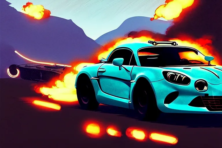 Image similar to mad max's alpine a 1 1 0 : : speeding, firing guns, lights on : : by ilya kuvshinov, rossdraws, artgerm, greg rutkowski makoto shinkai takashi takeuchi studio ghibli, akihiko yoshida : :