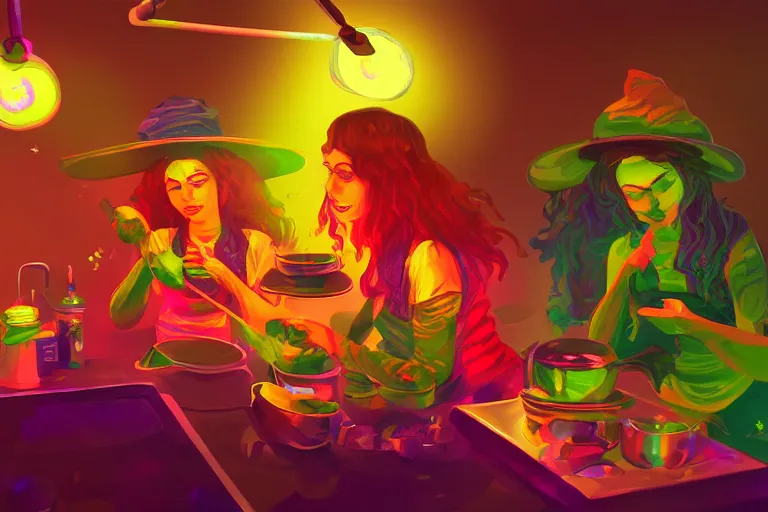 Image similar to digital painting of kitchen witches making cannabis candy high detail artstation cinematic lighting colorful psychedelic