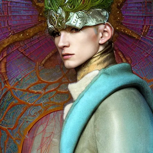 Prompt: a close - up portrait of an androgynous handsome male snow elf in a turquoise cape and silver armour, albino skin, winter vibes, elegant, very coherent symmetrical artwork, by tomasz alen kopera and alphonse mucha and charlie bowater, photorealistic, sharp focus, octane render, rtx, hdr, unreal 5, trending on artstation