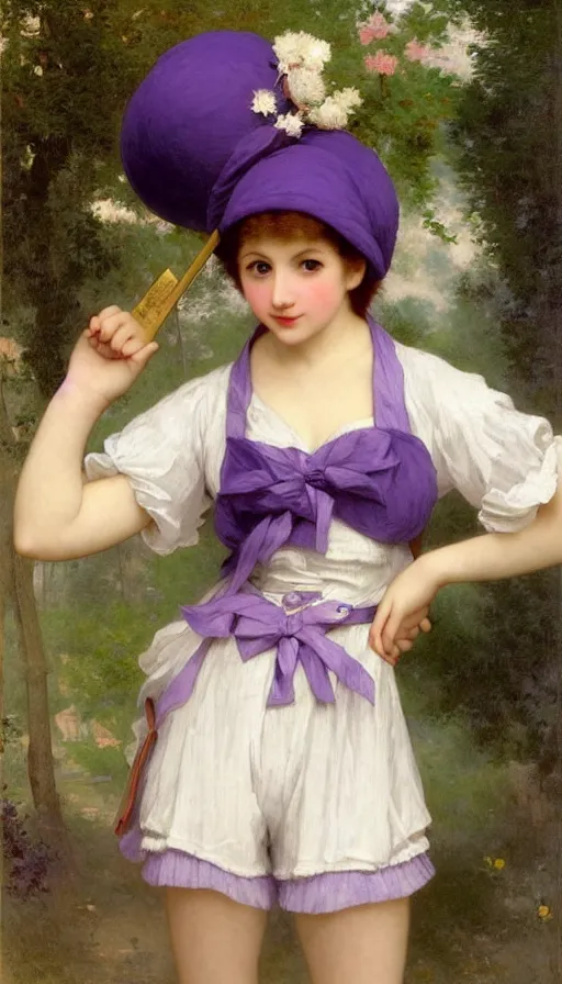 Prompt: A full body image of a cute magical girl with short blond hair wearing an oversized purple Beret, Baggy Purple overall shorts, Short Puffy pants made of silk, pointy jester shoes, a big billowy scarf, Golden Ribbon, and white leggings Covered in stars. Short Hair. Sunlit. Haute Couture. Art by william-adolphe bouguereau and Paul Delaroche and Alexandre Cabanel and Lawrence Alma-Tadema and Johannes Helgeson and WLOP. Smooth. Elegant. Highly Detailed. Intricate. Surrounded by clouds. 4K. UHD. Denoise.