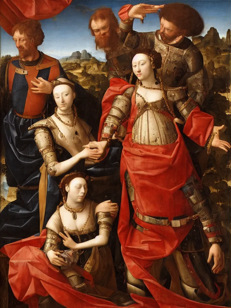 Prompt: a soldier lays his hand on top of the queens head, renaissance portrait, intimate, relaxed posture, high definition, dimly lit, private moment