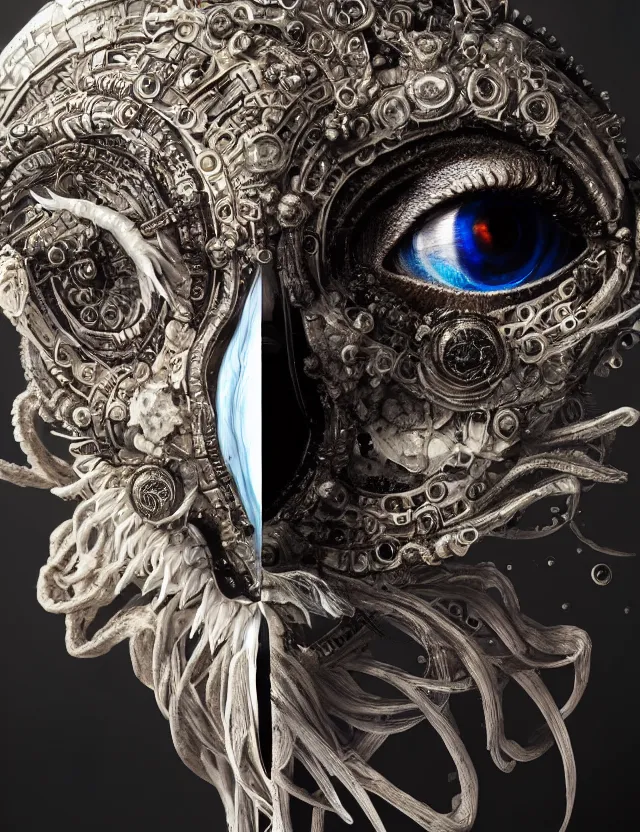 Image similar to eye of goddess macro close - up portrait with mask made of ram phoenix skull. betta fish, jellyfish, plasma, water, wind, creature, super intricate ornaments artwork by tooth wu and wlop and beeple and greg rutkowski