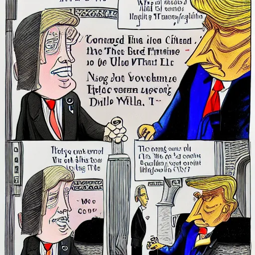 Image similar to new yorker cartoon by roz chast of donald trump, black and white,