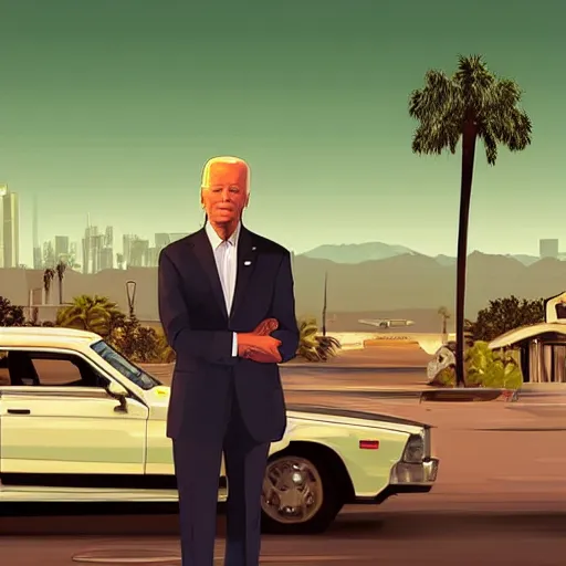 Image similar to Joe Biden in GTA V. Los Santos in the background, palm trees. In the art style of Stephen Bliss