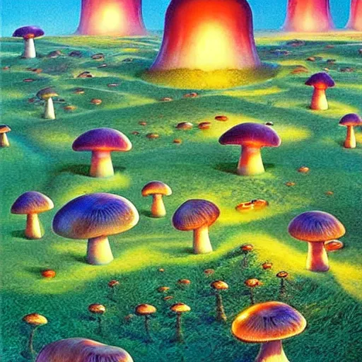 Image similar to glowing mushroom village, art by ricardo bofill, james christensen, rob gonsalves, paul lehr, and tim white