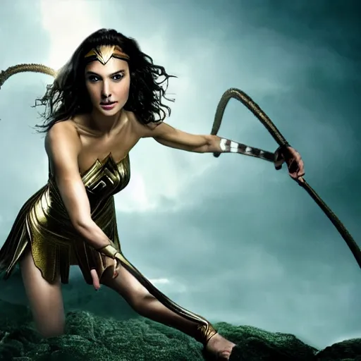 Image similar to Full body photo of the beautiful woman Gal Gadot as a Medusa, she is looking straight to the camera, she has a glow coming from her, she is getting illuminated for rays of light, behind her is a scary atmosphere, the photo was taking by Annie Leibovitz, matte painting, oil painting, naturalism, 4k, 8k