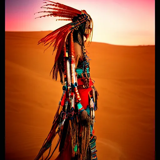 Image similar to a beautiful photography of a female futuristic shaman in a desert, close shot, Canon eos M50, trending on Artstation, warm color scheme