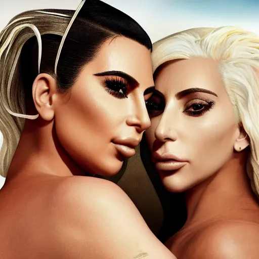 Prompt: Kim kardashian and lady gaga embrace, sunset beach, realistic, hyperrealistic, 4k resolution, 8k resolution, Quality, highly detailed, very detailed, detail studio quality lighting, dramatic lighting, re life, cute