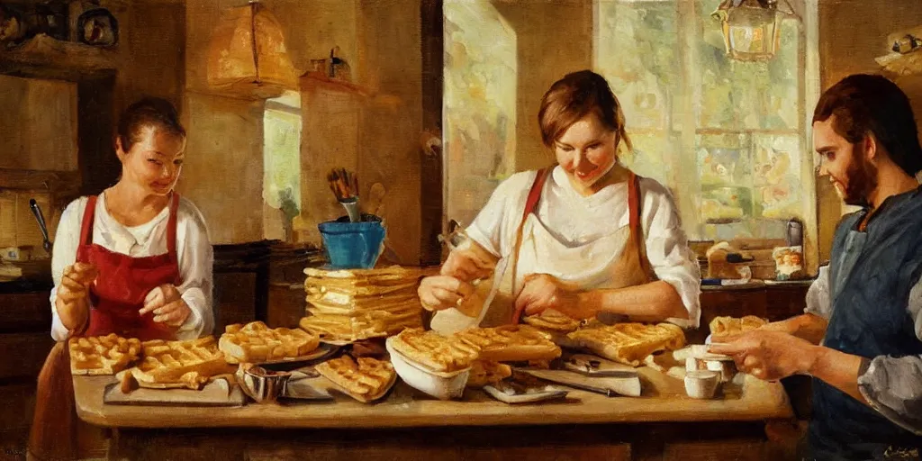 Prompt: A couple baking waffles together, oil painting, romantic