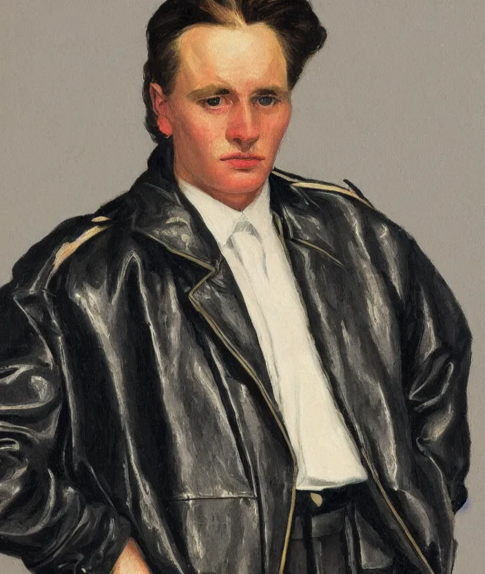 Image similar to a very detailed portrait of a man, wearing an 8 0 s jacket with big shoulder pads, very aesthetic leather jacket, detailed closeup of leather jacket, front view, in the style of edward hopper and oswald hornby joseph birley and susan ryder, very small brushstrokes, 4 k,