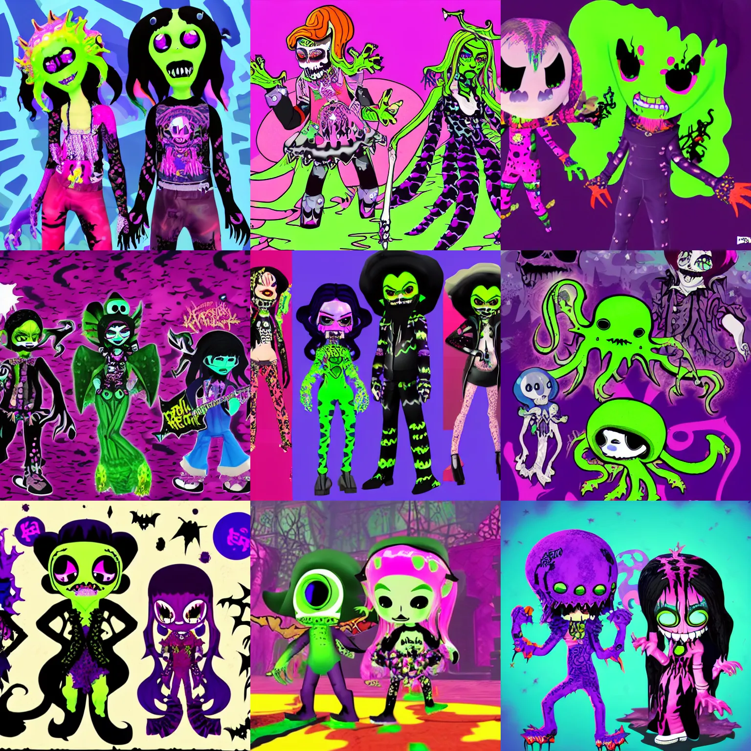 Prompt: a gothic lisa frank rockstar vampire kraken npc designs for halloween splat fests in splatoon by nintendo with Jamie Hewlett and genndy tartakovsky as the lead designers