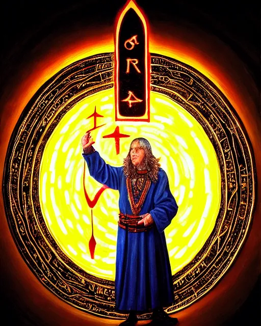 Prompt: enamel painting of mage reciting an incantation and standing on glowing circular runes in the middle of dark room, high production value, intricate details, high resolution, hyperrealistic, hdr, high definition, masterpiece, ultra realistic, highly detailed, hd, sharp focus, non blurry, sharp, smooth