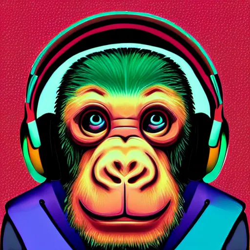 Image similar to ape wearing headphones, colorful, digital art,
