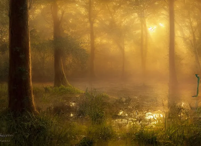 Image similar to misty swamp in early morning, hazy fog, sundown golden hour, firefly wisps, sun rays through trees, Lilia Alvarado, Sophie Anderson, Mark Arian, Bob Byerley, Charlie Bowater, Mark Brooks, Steve Henderson, Justin Gerard, Arthur Hughes, Edward Robert Hughes, Mark Keathley, Victor Nizovtsev, Carlos Shwabe, Ross Tran, WLOP