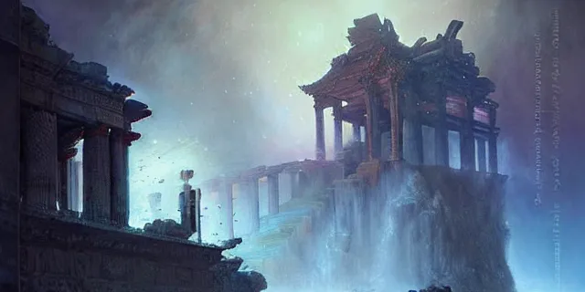 Prompt: beautiful hyperrealistic epic painting with vibrant colors of the mysterious intricate ruins of a temple from an advanced alien civilization under the crescent moon, by hubert robert and lee madwick and bastien lecouffe deharme, dramatic lighting