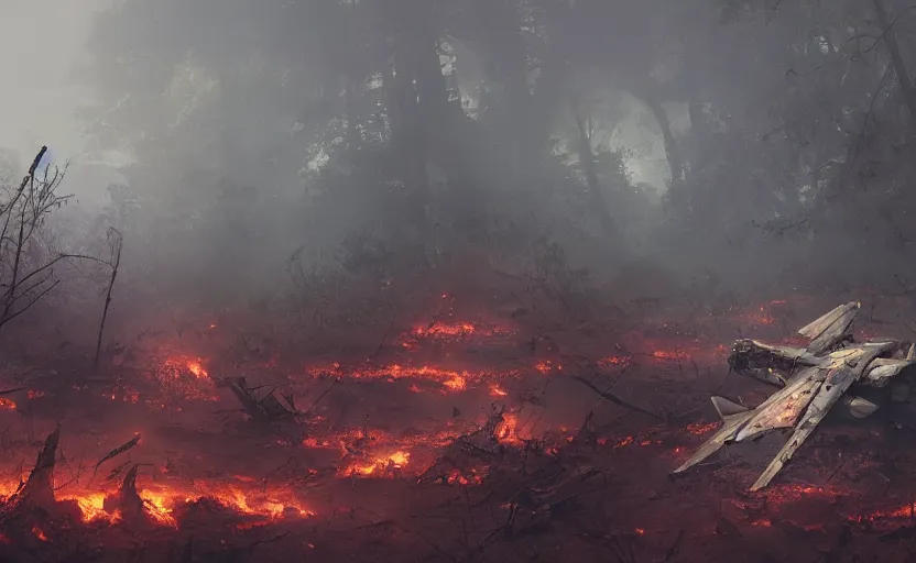 Image similar to scattered wreckage and debris, crater explosion. one single fighter design spaceship on fire crashed on the ground, on the ground, smoke, smoke, cloudy air, forest, swamp. Atmospheric lighting, overgrowth. By Makoto Shinkai, Stanley Artgerm Lau, WLOP, Rossdraws, James Jean, Andrei Riabovitchev, Marc Simonetti, krenz cushart, Sakimichan, trending on ArtStation, digital art.