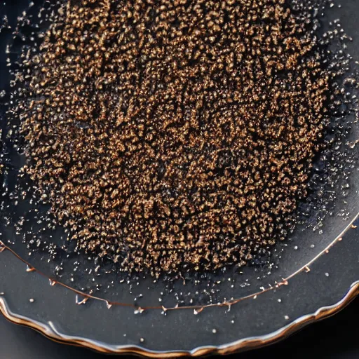 Prompt: masterpiece 5 0 mm macro photo of small breadcrumbs on a dark glossy ceramic plate adam gor 4 k 8 k professional photography hot on r / macrophotography