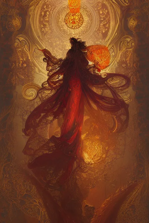 Image similar to tarot card artstation, portrait of a love dancer, sunrise, baroque ornamnet and rococo ornament, ancient chinese ornate, hyperdetailed, beautiful lighting, craig mullins, mucha, klimt, yoshitaka amano, red and gold and orange color palatte